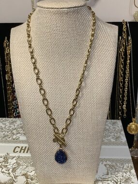 Gold Chain Necklace with Blue Druzy Pendant